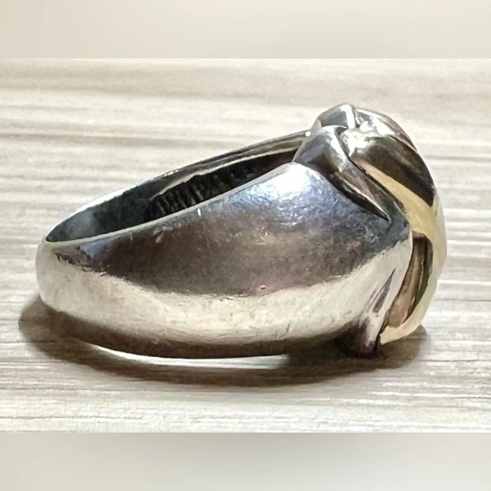 Vintage Designer Hallmarked 950 Silver & 18K Gold Puffy X Band Ring, Size 7